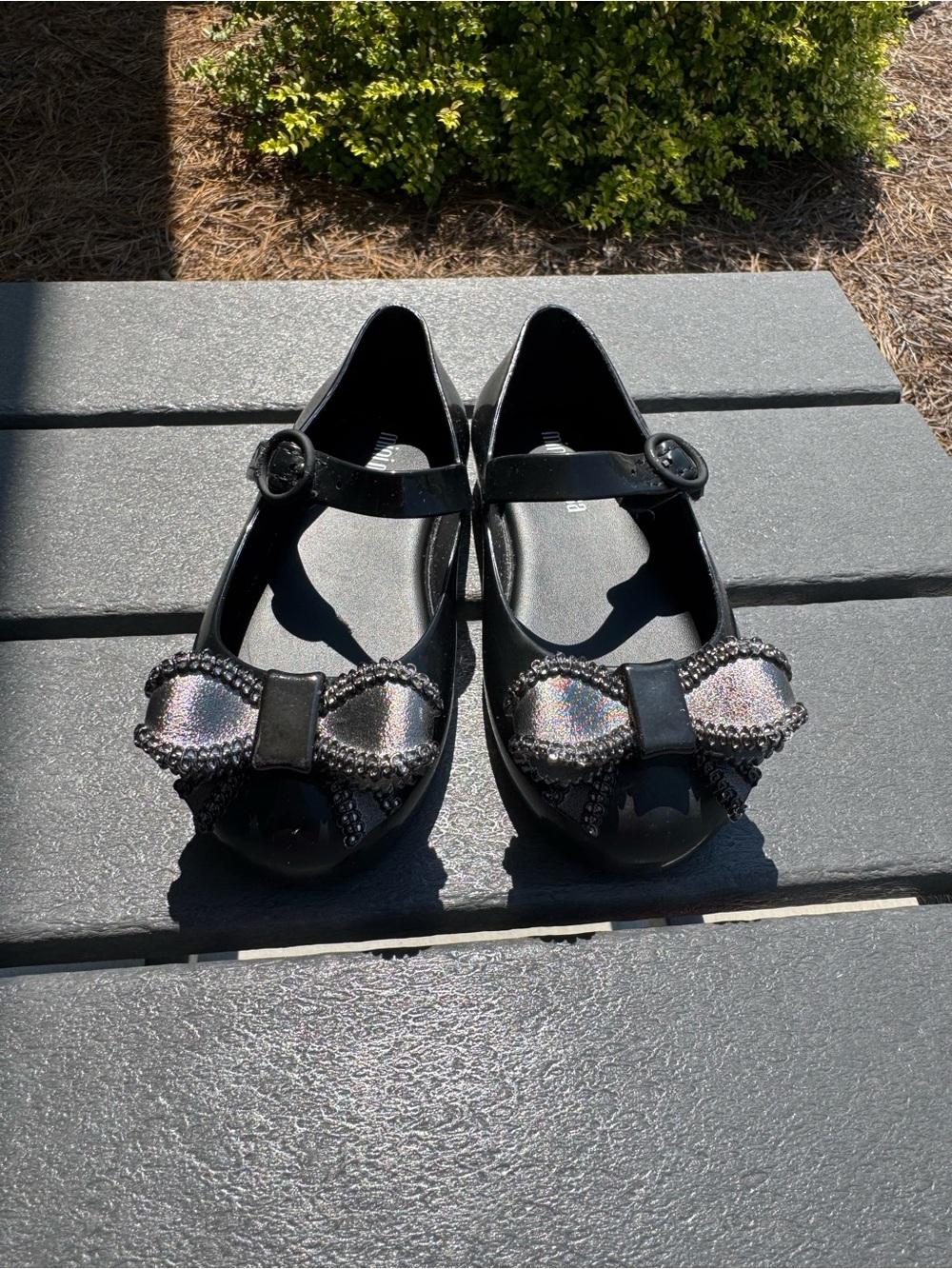 Mini Melissa Black Flats with gray Iridescent Bow